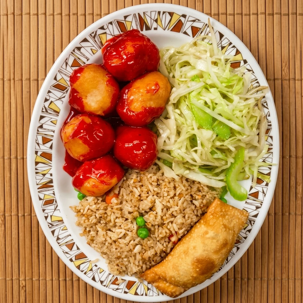 Chinese combination plate served at New China Kitchen on Saint Anne's Road, Winnipeg